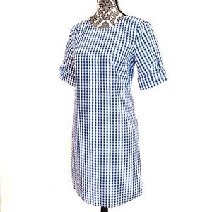 CROWN & IVY Gingham Seersucker Bowed Puff Sleeve Shift Summer Dress S